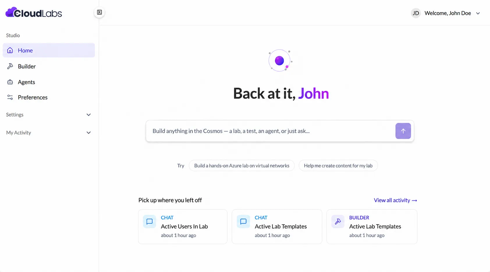 CloudLabs Cosmos AI lab builder dashboard